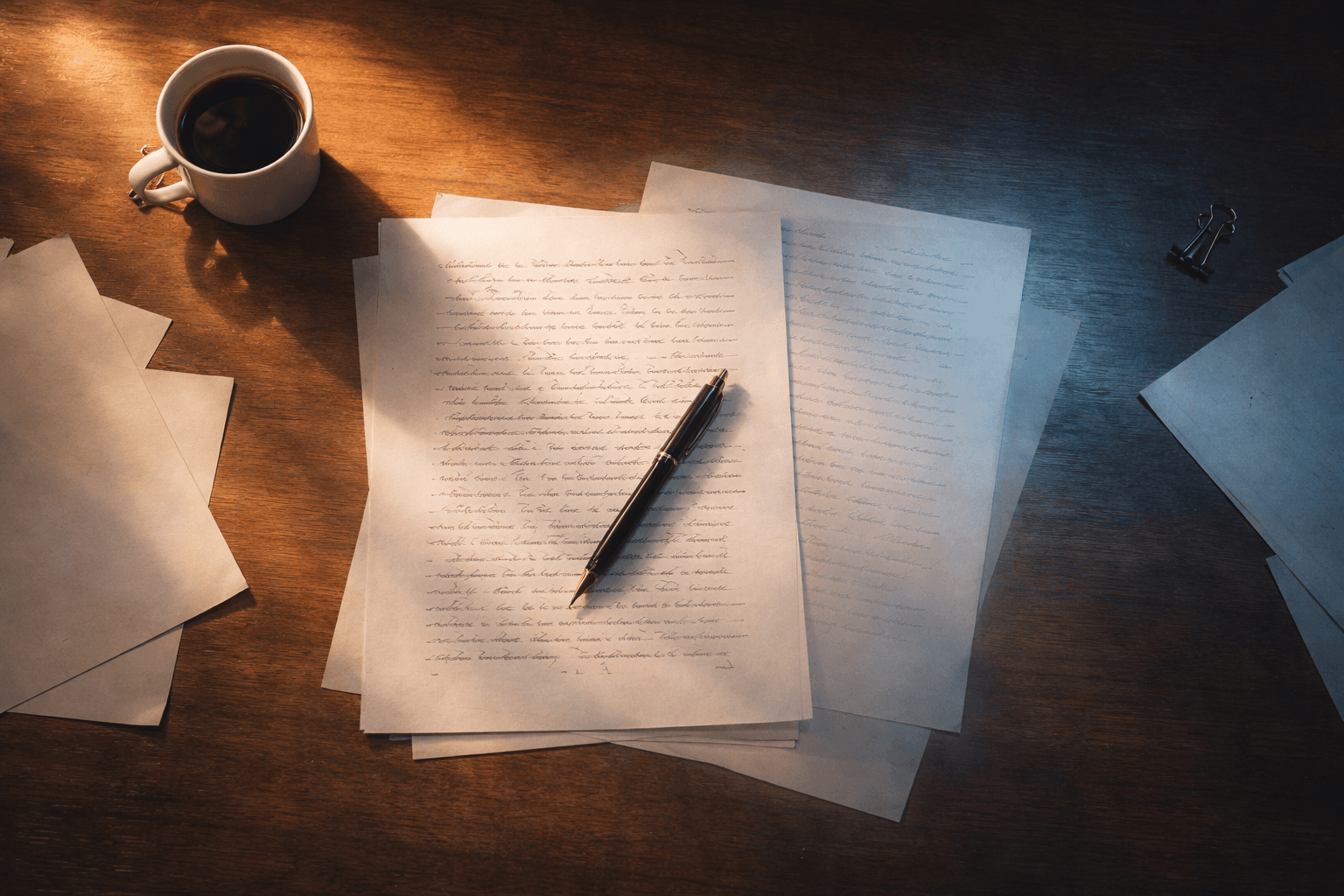 A writer's desk seen from above, with two overlapping layers: a sharp, detailed manuscript page on one side and a faded, ghostly duplicate on the other, as if the desk remembers and forgets simultaneously. Warm natural light from one direction, cool blue light from the other. Minimal objects: pen, coffee cup, a few scattered pages. Photorealistic, shallow depth of field, muted tones with one warm accent. Wide 16:9 aspect ratio, no text, no people visible.